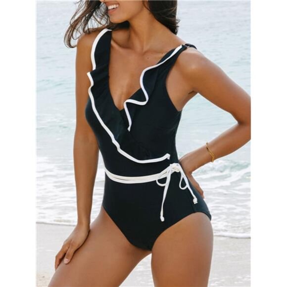 Ruffle Trim V-Neck One-Piece Swimsuit - Picture 2 of 5